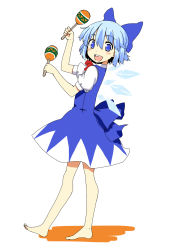 Rule 34 | 1girl, :d, barefoot, blue eyes, blue hair, blush stickers, bow, cirno, feet, hair bow, instrument, maracas, matching hair/eyes, open mouth, short hair, smile, solo, touhou, uro (urotanc), wings