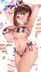 Rule 34 | 1girl, :p, alternate breast size, animal print, armpits, arms up, bikini, blurry, blurry background, blush, bow, bowtie, breasts, commentary, cow print, cowboy shot, creatures (company), dot nose, game freak, hair between eyes, huge breasts, looking at viewer, may (pokemon), navel, nintendo, pokemon, pokemon oras, shiny skin, side-tie bikini bottom, solo, standing, string bikini, sumisumii, swimsuit, thighs, tongue, tongue out, white background
