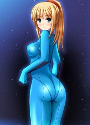 Rule 34 | 1girl, ass, blonde hair, blue eyes, blush, bodysuit, breasts, covered erect nipples, from behind, long hair, looking at viewer, looking back, metroid, nak yama, nintendo, ponytail, samus aran, scrunchie, skin tight, sky, smile, solo, standing, star (sky), starry sky, tight clothes, zero suit