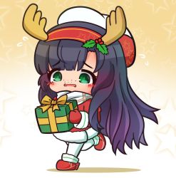 Rule 34 | 1girl, antlers, asimo953, black hair, blush, boots, box, chibi, dress, freckles, full body, fur-trimmed dress, fur trim, gift, gift box, gradient background, gradient hair, hat, horns, kantai collection, long hair, long sleeves, matsuwa (kancolle), mittens, multicolored hair, open mouth, pantyhose, purple hair, red dress, red footwear, red mittens, reindeer antlers, sailor hat, scarf, solo, star (symbol), starry background, tareme, wavy hair, white hat, white pantyhose, white scarf, yellow background