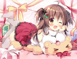 Rule 34 | &gt; &lt;, 1girl, ;d, ahoge, between breasts, blush, bow, bowtie, box, breasts, brown eyes, brown hair, clenched hand, clothing cutout, commentary request, feet up, gift, gift box, grey thighhighs, hair ornament, hair ribbon, head rest, holly hair ornament, large breasts, long hair, long sleeves, looking at viewer, lying, lying on object, miniskirt, no shoes, on stomach, one eye closed, open mouth, original, pan (mimi), red bow, red bowtie, red skirt, ribbon, shoulder cutout, skirt, smile, solo, stuffed animal, stuffed toy, sweater, teddy bear, thighhighs, two side up, white sweater