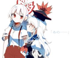 Rule 34 | 2girls, arm at side, blue hair, bow, closed mouth, collared shirt, cowboy shot, dot nose, expressionless, eye contact, from side, fujiwara no mokou, hair bow, half updo, hand in pocket, hat, height difference, high-waist pants, itomugi-kun, kamishirasawa keine, light blue hair, long hair, looking at another, looking to the side, looking up, multiple girls, neckerchief, pants, print bow, profile, puffy short sleeves, puffy sleeves, red eyes, red neckerchief, red pants, shirt, shirt tucked in, short sleeves, simple background, standing, suspenders, tokin hat, torn clothes, torn sleeves, touhou, upper body, white background, white bow, white hair, white shirt, wing collar