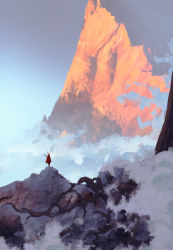 Rule 34 | 1other, anato finnstark, artist name, cape, commentary, english commentary, mountain, original, red cape, scenery, sword, weapon, weapon on back, wide shot