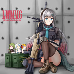 Rule 34 | 1girl, absurdres, black shirt, black thighhighs, blue eyes, blue necktie, box, breasts, brown footwear, character name, closed mouth, english text, general-purpose machine gun, general dynamics, girls&#039; frontline, gloves, gongbangmanchi (daisy cutter), grey gloves, grey hair, gun, headphones, highres, holding, holding weapon, lightweight medium machine gun, lonestar future weapons, long hair, looking at viewer, lwmmg (girls&#039; frontline), lwmmg (mod3) (girls&#039; frontline), machine gun, multicolored hair, necktie, norma precision, on floor, prototype design, shirt, simple background, solo, thighhighs, thighs, true velocity, walkie-talkie, weapon