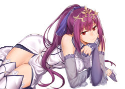Rule 34 | 1girl, absurdres, breasts, detached sleeves, dress, fate/grand order, fate (series), fur-trimmed dress, fur trim, hair between eyes, head in hand, head rest, headpiece, highres, looking at viewer, lying, medium breasts, on side, onceskylark, ponytail, purple hair, purple ribbon, red eyes, ribbon, scathach (fate), scathach skadi (fate), scathach skadi (third ascension) (fate), simple background, smile, solo, thighhighs, thighs, tiara, white background