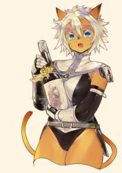 Rule 34 | 1girl, adventurer (ff11), animal ears, belt, blue eyes, bottle, breast press, breasts, cat ears, cat girl, cat tail, colored eyelashes, cropped legs, doraeshi, elbow gloves, facial mark, final fantasy, final fantasy xi, gloves, green belt, hair between eyes, highres, holding, holding bottle, jakoh wahcondalo, leotard, medium breasts, mithra (ff11), open mouth, short hair, solo, tail, teeth, thighs, upper teeth only, whisker markings, white hair, wine bottle