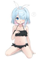 Rule 34 | 1girl, ?, absurdres, arona (blue archive), bikini, black bikini, blue archive, blue eyes, blue hair, blush, bow, braid, chiimanju, frilled bikini, frills, hair bow, hair over one eye, hand on own chest, highres, knees apart feet together, looking at viewer, navel, open mouth, ribbon, short hair, simple background, sitting, solo, spoken question mark, swimsuit, thighs, white background