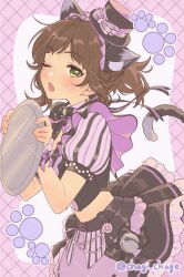 1girl animal_ears blush brown_hair cat_ears cat_tail chagi_chage crop_top fang green_eyes hat holding holding_tray idolmaster idolmaster_cinderella_girls looking_at_viewer maekawa_miku mini_hat mini_top_hat one_eye_closed open_mouth skirt solo tail top_hat tray