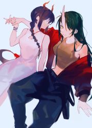 Rule 34 | 2girls, arknights, baggy pants, bare arms, black hair, black pants, blue background, bracelet, braid, brown shirt, ch&#039;en (arknights), china dress, chinese clothes, dragon horns, dragon tail, dress, feet out of frame, green hair, highres, holding hands, horns, hoshiguma (arknights), jacket, jewelry, llmia4, long hair, looking at viewer, midriff peek, multiple girls, off shoulder, orange eyes, pants, red jacket, shirt, simple background, single braid, sitting, skin-covered horns, tail, tank top, white dress
