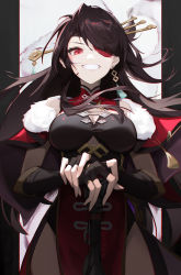 Rule 34 | 1girl, absurdres, beidou (genshin impact), black gloves, black hair, breasts, capelet, chinese clothes, cleavage, cleavage cutout, clothing cutout, colored eyepatch, earrings, eyepatch, fingerless gloves, fur trim, genshin impact, gloves, grin, heitian keji, highres, jewelry, large breasts, long hair, looking at viewer, pelvic curtain, red capelet, red eyes, simple background, single earring, smile, solo, sword, weapon