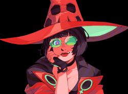 Rule 34 | 1girl, black background, black gloves, black hair, black shirt, cleavage cutout, clothing cutout, commentary, empty eyes, english commentary, fingerless gloves, gloves, green-tinted eyewear, guilty gear, guilty gear strive, hat, head rest, highres, i-no, jacket, lipstick, looking at viewer, makeup, mole, purple eyes, red hat, red jacket, shaded face, shirt, short hair, simple background, solo, sorrysap, sunglasses, tinted eyewear, upper body, witch hat