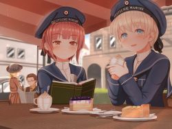 Rule 34 | 1boy, 3girls, black neckerchief, blue dress, blue eyes, blue headwear, blue sailor collar, blunt bangs, blurry, book, brown eyes, brown hair, cake, clothes writing, commentary request, cup, depth of field, dress, food, hat, highres, kantai collection, looking at viewer, multiple girls, neckerchief, outdoors, sailor collar, sailor dress, sailor hat, saucer, short hair, silver hair, smile, suzushiro (gripen39), table, z1 leberecht maass (kancolle), z3 max schultz (kancolle)