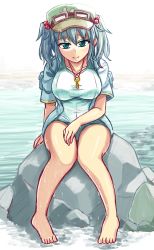 Rule 34 | 1girl, absurdres, aqua eyes, blue hair, breasts, curvy, dripping, full body, goggles, goggles on head, hair bobbles, hair ornament, hat, highres, kawashiro nitori, key, knees together feet apart, large breasts, looking at viewer, rock, shirt, short sleeves, sitting, sitting on rock, smile, solo, swimsuit, swimsuit under clothes, tanakara, taut clothes, taut shirt, touhou, twintails, two side up, wet, wet clothes