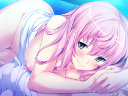 Rule 34 | 1girl, bed, bed sheet, blush, breast press, breasts, censored, game cg, large breasts, legs, looking at viewer, lying, marushin (denwa0214), nipples, no pussy, nude, on side, pink hair, shirato usagi, smile, supokon! sports wear complex, thighs, twintails, under covers, yellow eyes