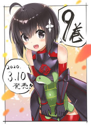Rule 34 | 1girl, :d, ahoge, armor, armored dress, bare shoulders, black armor, black eyes, black hair, blurry, blurry foreground, blush, bob cut, cowboy shot, detached sleeves, eyes visible through hair, faulds, framed, gloves, hair between eyes, hair ornament, holding, itai no wa iya nano de bougyoryoku ni kyokufuri shitai to omoimasu, koin (foxmark), leaning forward, looking at viewer, lower teeth only, maple (bofuri), official art, open mouth, outside border, promotional art, red sleeves, red thighhighs, short hair, smile, solo, speech bubble, syrup (bofuri), teeth, thighhighs, translated, turtle, vambraces