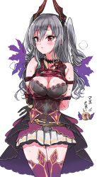 Rule 34 | 1girl, absurdres, arms behind back, bare shoulders, black gloves, blush, bound, breasts, cleavage, commentary request, dress, gloves, grey hair, hair between eyes, highres, horns, idolmaster, idolmaster cinderella girls, idolmaster cinderella girls starlight stage, kanzaki ranko, long hair, looking at viewer, medium breasts, parted lips, pizzasi, pleated skirt, purple dress, purple thighhighs, red eyes, ringlets, simple background, skirt, sleeveless, sleeveless dress, solo, sweat, thighhighs, tied up, translation request, two side up, white background, white skirt