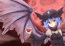 Rule 34 | 1girl, absurdres, akiteru (akiteru98), alternate costume, bare shoulders, bat wings, black collar, black hat, blue hair, breasts, brooch, collar, commentary request, cross, cup, detached sleeves, drinking glass, full moon, grin, hair between eyes, hat, head tilt, highres, holding, holding cup, jewelry, light particles, long sleeves, looking at viewer, mob cap, moon, night, night sky, outdoors, red eyes, red moon, remilia scarlet, short hair, sky, small breasts, smile, solo, spaghetti strap, touhou, upper body, wide sleeves, wine glass, winged hat, wings