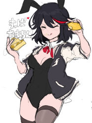Rule 34 | 1girl, absurdres, alternate costume, animal ears, black hair, black jacket, black leotard, breasts, cake, cake slice, cleavage, closed eyes, commentary request, cowboy shot, detached collar, food, food on face, fruit, furrowed brow, grey thighhighs, hair between eyes, highres, jacket, kill la kill, lemon, leotard, matoi ryuuko, medium breasts, multicolored clothes, multicolored hair, multicolored jacket, neck ribbon, rabbit ears, red hair, red ribbon, ribbon, short hair, simple background, solo, streaked hair, takatisakana, thighhighs, tongue, tongue out, two-tone jacket, white background