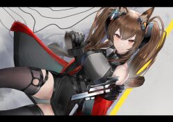 Rule 34 | 1girl, absurdres, angelina (arknights), angelina (endfield) (arknights), animal ears, arknights, arknights: endfield, bare shoulders, black gloves, black thighhighs, breasts, brown eyes, brown hair, commentary request, eugle na, fox ears, gloves, highres, letterboxed, long hair, looking at viewer, medium breasts, official alternate costume, smile, solo, thighhighs, thighs, twintails, very long hair