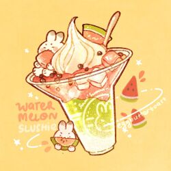 Rule 34 | artist name, commentary, eating, english commentary, english text, food, food focus, fruit, highres, ice, ice cube, nao (bestrollever), no humans, original, oversized food, oversized object, rabbit, simple background, slushie, spoon, star (symbol), summer, watermelon, watermelon seeds, watermelon slice, whipped cream, yellow background