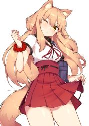 Rule 34 | 1girl, animal ear fluff, animal ears, blonde hair, cowboy shot, fate/extra, fate/extra ccc, fate/extra ccc fox tail, fate/grand order, fate (series), fox ears, fox tail, hakama, hakama short skirt, hakama skirt, haruyuki (yukichasoba), head tilt, highres, japanese clothes, long hair, neck ribbon, o3o, one eye closed, ribbon, simple background, skirt, skirt hold, solo, suzuka gozen (fate), tail, white background, yellow eyes