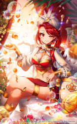 Rule 34 | 1girl, :&gt;, apple caramel, breasts, bubble, cleavage, coin, commentary request, feathers, flower, hat, highres, holding, holding coin, long hair, long sleeves, looking at viewer, medium breasts, navel, official art, one eye closed, original, red eyes, red hair, sitting, smile, solo, white feathers, white flower, white hat
