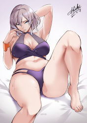 Rule 34 | 1girl, 2021, absurdres, barefoot, bikini, blue eyes, breasts, cleavage, dated, feet, gridman universe, highres, large breasts, looking at viewer, medium hair, mujina, purple bikini, shiki (love-saber), signature, solo, ssss.dynazenon, sweat, swimsuit, tagme, thighs, toes