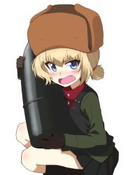 Rule 34 | 1girl, alternate hairstyle, black footwear, black gloves, black skirt, black vest, blonde hair, blue eyes, blush, boots, brown hat, commentary, cosplay, fang, frown, fur hat, girls und panzer, gloves, green jacket, hair tie, hat, highres, holding, jacket, katyusha (girls und panzer), kayabakoro, long sleeves, looking at viewer, low twintails, military, military uniform, miniskirt, nina (girls und panzer), nina (girls und panzer) (cosplay), open mouth, pleated skirt, pravda military uniform, red shirt, shirt, short hair, short twintails, simple background, skirt, solo, squatting, tank shell, textless version, turtleneck, twintails, uniform, ushanka, vest, white background