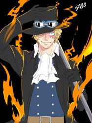 Rule 34 | 1boy, ag wolf, agito013, blonde hair, character name, ascot, fire, formal, gloves, hand on headwear, hat over one eye, jacket, male focus, one piece, pole, sabo (one piece), scar, solo, suit