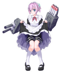 Rule 34 | 10s, 1girl, alternate costume, apron, bad id, bad pixiv id, bike shorts, blue eyes, blush, dress, full body, hair ornament, kantai collection, looking at viewer, machinery, maid, maid apron, maid headdress, mototaro, neck ribbon, personification, pink hair, ponytail, red ribbon, ribbon, shiranui (kancolle), simple background, solo, white background