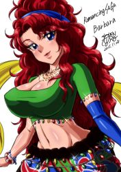 Rule 34 | 1girl, barbara (romancing saga), blue eyes, breasts, cleavage, closed mouth, curly hair, dated, gengoro akemori, jewelry, lips, long hair, looking at viewer, navel, necklace, romancing saga, saga, simple background, smile, solo, square enix, white background