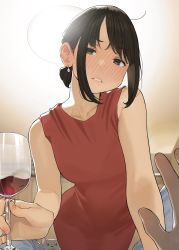 Rule 34 | 1boy, 1girl, alcohol, animal, blush, brown eyes, brown hair, cat, collarbone, commentary request, cup, douki-chan (douki-chan), douki-kun (douki-chan), dress, drinking glass, drunk, ear blush, earrings, fingernails, ganbare douki-chan, highres, holding, holding cup, indoors, jewelry, lips, looking at viewer, parted lips, pov, red dress, short hair, sidelocks, sleeveless, sleeveless dress, solo focus, wine, wine glass, yomu (sgt epper)