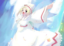 Rule 34 | 1girl, black eyes, blonde hair, fairy, fairy wings, female focus, floating hair, flower, happy, hat, lily white, looking at viewer, nature, outstretched arms, petals, sky, solo, spread arms, spring (season), takanashi akihito, touhou, wings