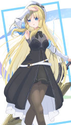 Rule 34 | 1girl, :o, arm up, armband, armpits, assault lily, bare shoulders, belt, belt buckle, beret, black bow, black bowtie, black dress, black pantyhose, black ribbon, blonde hair, blue eyes, blue sky, boots, bow, bowtie, brown pantyhose, buckle, cloud, commentary, detached sleeves, dress, feet out of frame, fingernails, framed, hair tie, hand on own head, hand up, hat, hat ribbon, highres, holding, holding sword, holding weapon, layered dress, light blush, long hair, long sleeves, looking at viewer, o-ring, o-ring belt, obelisk3, outside border, outstretched arm, pantyhose, parted lips, ribbon, sidelocks, sky, sleeve ribbon, solo, standing, striped ribbon, sword, tachihara sayu, very long hair, weapon, white background, white belt, white footwear, white hat