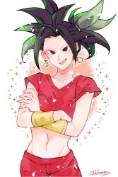 Rule 34 | 1girl, :d, abs, bare arms, black eyes, black hair, bracelet, collarbone, cowboy shot, crop top, crossed arms, d89im, dragon ball, dragon ball super, earrings, eyelashes, fingernails, frown, gradient background, green eyes, high ponytail, highres, jewelry, kefla (dragon ball), light particles, looking away, midriff, multicolored hair, navel, open mouth, pants, pink background, ponytail, potara earrings, red pants, shaded face, short sleeves, signature, simple background, smile, solo, sparkle, sparkle background, spiked hair, streaked hair, two-tone hair, v-shaped eyebrows, white background
