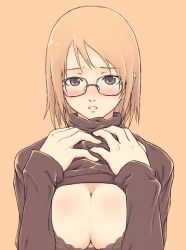 Rule 34 | 1girl, blonde hair, blush, bra, breasts, brown eyes, cleavage, clothes lift, glasses, large breasts, lingerie, shirt lift, short hair, simple background, solo, sweater, underwear