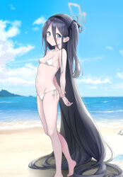 Rule 34 | 1girl, absurdly long hair, aris (blue archive), arms behind back, barefoot, beach, bikini, black hair, black hairband, blue archive, blue eyes, blush, breasts, closed mouth, cloud, collarbone, feet, fubuki rinne, full body, grey halo, groin, hair between eyes, hairband, halo, highres, legs, long hair, navel, ocean, one side up, outdoors, ribbon, side-tie bikini bottom, sky, small breasts, smile, solo, standing, swimsuit, thighs, toes, very long hair, white bikini