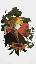 Rule 34 | 1boy, atou haruki, blonde hair, brown jacket, brown sweater, buzhun shangzhuo chifan, chinese commentary, closed eyes, closed mouth, commentary request, film grain, flower, food, fruit, grapes, highres, jacket, male focus, open clothes, open jacket, profile, red flower, red rose, ribbed sweater, rose, saibou shinkyoku, short hair, snake, solo, sunflower, sweater, turtleneck, turtleneck sweater
