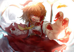 Rule 34 | 1girl, absurdres, blonde hair, blood, blood on clothes, blood on face, blood on hands, blood on teeth, commentary, crystal, evil grin, evil smile, fighting stance, fingernails, flandre scarlet, grin, hair over one eye, hair ribbon, highres, injury, necktie, open clothes, open vest, red eyes, red skirt, red vest, ribbon, sharp fingernails, sharp teeth, shirt, skirt, skirt set, smile, solo, sotatsudraw, teeth, torn clothes, touhou, vest, white shirt, wings, yellow necktie