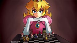 Rule 34 | 1girl, absurdres, actor connection, anya taylor-joy, artist name, blonde hair, bottle, bowser, chessboard, commentary, dress, earrings, fire flower, gloves, hair behind ear, highres, jewelry, long hair, looking at viewer, luigi, mag (magdraws), mario, mario (series), mushroom, nintendo, parody, pink dress, princess daisy, princess peach, revision, solo, super star (mario), straight-on, the queen&#039;s gambit, the super mario bros. movie, toad (mario), voice actor connection, white gloves