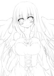 Rule 34 | 1girl, angel wings, bad id, bad pixiv id, bare shoulders, blush, breasts, dress, fiira (inose riku), greyscale, hands on own chest, highres, inose riku, lineart, long hair, looking at viewer, monochrome, original, smile, solo, strapless, strapless dress, transparent background, very long hair, wings