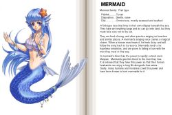 Rule 34 | 1girl, bare shoulders, blue eyes, blue hair, blush, bracelet, character profile, detached sleeves, english text, fins, fish, gills, hair ornament, hard-translated, head fins, jewelry, kenkou cross, light smile, long hair, looking at viewer, matching hair/eyes, mermaid, mermaid (monster girl encyclopedia), midriff, monster girl, monster girl encyclopedia, navel, necklace, official art, scales, seashell, shell, shell bikini, simple background, smile, solo, star (symbol), star hair ornament, starfish, tail, tail ornament, tail ring, third-party edit, translated, very long hair, white background