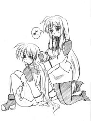 Rule 34 | 00s, 2girls, brushing another&#039;s hair, brushing hair, fate testarossa, greyscale, kneeling, long hair, low-tied long hair, lyrical nanoha, mahou shoujo lyrical nanoha, mahou shoujo lyrical nanoha strikers, military, military uniform, monochrome, mouth hold, multiple girls, musical note, pantyhose, ribbon, ribbon in mouth, sitting, speech bubble, spoken musical note, takamachi nanoha, uniform, very long hair, zero point