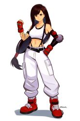 Rule 34 | 1girl, absurdres, alternate costume, baggy pants, belt, black hair, commentary, crop top, earrings, elbow gloves, english commentary, final fantasy, final fantasy vii, fingerless gloves, fishnets, frown, gloves, highres, jewelry, long hair, looking at viewer, midriff, pants, red eyes, red footwear, red gloves, shoes, smgold, sneakers, solo, tifa lockhart
