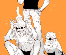 Rule 34 | 3boys, aged down, anger vein, arms up, chanko neru, closed eyes, feet out of frame, franky (one piece), goggles, goggles on head, greyscale, greyscale with colored background, hair slicked back, hand on own hip, hawaiian shirt, head bump, iceburg, leg hair, looking at another, male focus, male underwear, medium hair, monochrome, multiple boys, one piece, open clothes, open shirt, orange background, out of frame, paulie, shirt, simple background, squatting, tearing up, translated, underwear
