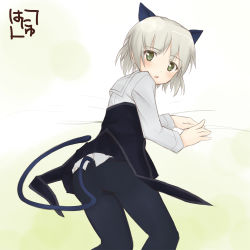 Rule 34 | 00s, 1girl, animal ears, ass, bed, black pantyhose, blush, cat ears, cat girl, cat tail, female focus, from behind, gradient background, green eyes, hanyu, looking back, lying, on side, pantyhose, sanya v. litvyak, short hair, signature, silver hair, solo, strike witches, tail, world witches series