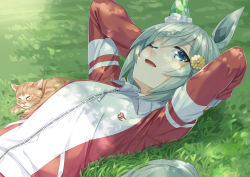 Rule 34 | 1girl, ;d, animal, animal ears, arms behind head, arms up, blue eyes, breasts, cat, commentary request, day, grey hair, hair between eyes, horse ears, horse girl, horse tail, jacket, looking at viewer, lying, miri (ago550421), on back, on grass, one eye closed, open mouth, outdoors, red jacket, seiun sky (umamusume), small breasts, smile, solo, tail, track jacket, umamusume, upper body