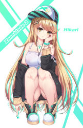 Rule 34 | 1girl, bare shoulders, black panties, blonde hair, blush, bracelet, breasts, character name, cleavage, collarbone, copyright name, crop top, hat, highres, jewelry, large breasts, long hair, looking at viewer, mythra (xenoblade), nail polish, necklace, neps-l, nintendo, panties, solo, sweater, underwear, very long hair, xenoblade chronicles (series), xenoblade chronicles 2, xenoblade chronicles (series), xenoblade chronicles 2, yellow eyes