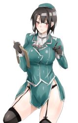 Rule 34 | 10s, 1girl, adapted costume, black gloves, black hair, breasts, garter straps, gloves, kantai collection, looking at viewer, military, military uniform, miniskirt, mogi yasunobu, pencil skirt, red eyes, short hair, simple background, skirt, solo, takao (kancolle), thighhighs, uniform, white background