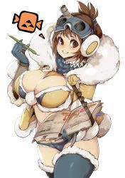 Rule 34 | 1girl, absurdres, blue thighhighs, book, bookmark, breasts, brown hair, cleavage, commentary, fur-trimmed legwear, fur trim, gloves, goggles, grin, handler (monster hunter world), highres, icon (computing), large breasts, looking at viewer, micro shorts, midriff, monster hunter, monster hunter: world, monster hunter (series), pen, red eyes, short hair, shorts, simple background, slugbox, smile, solo, sweat, thighhighs, thighs, white background